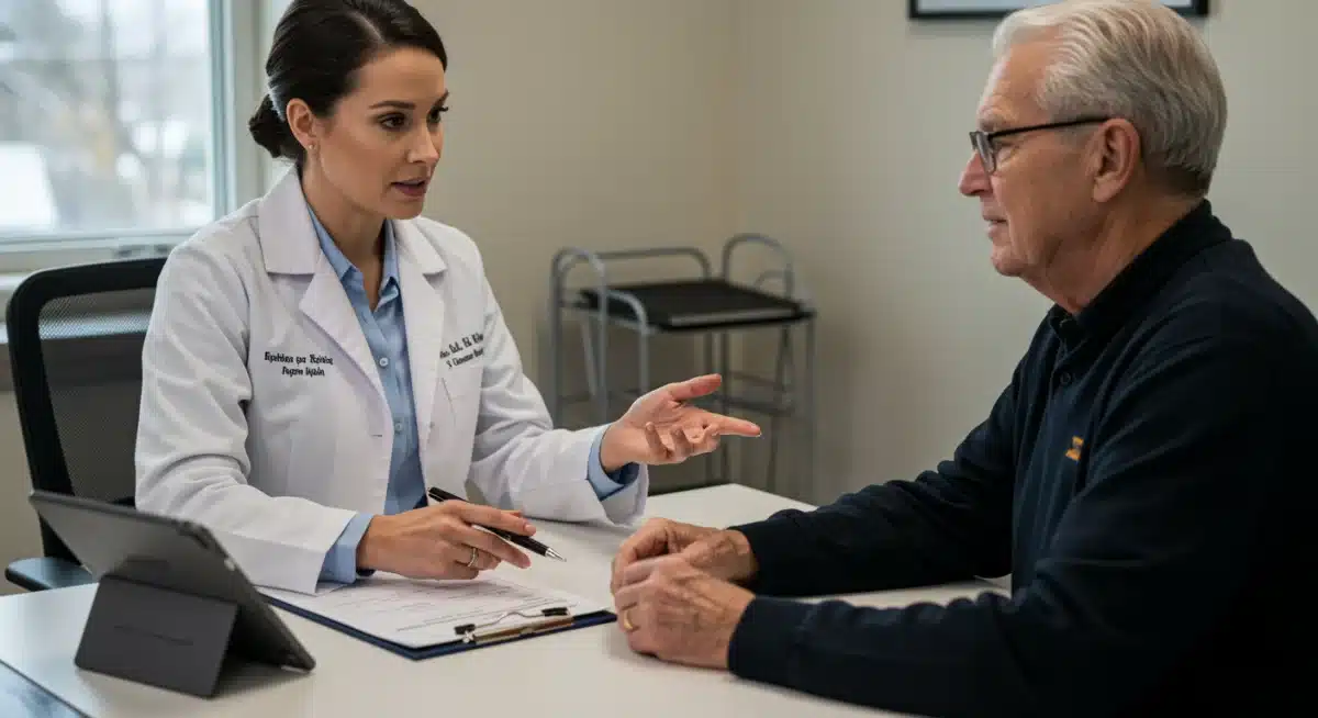 Healthcare professional explaining new VA healthcare options to a veteran