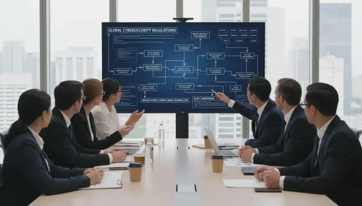 Business team strategizing data compliance for new cybersecurity regulations.