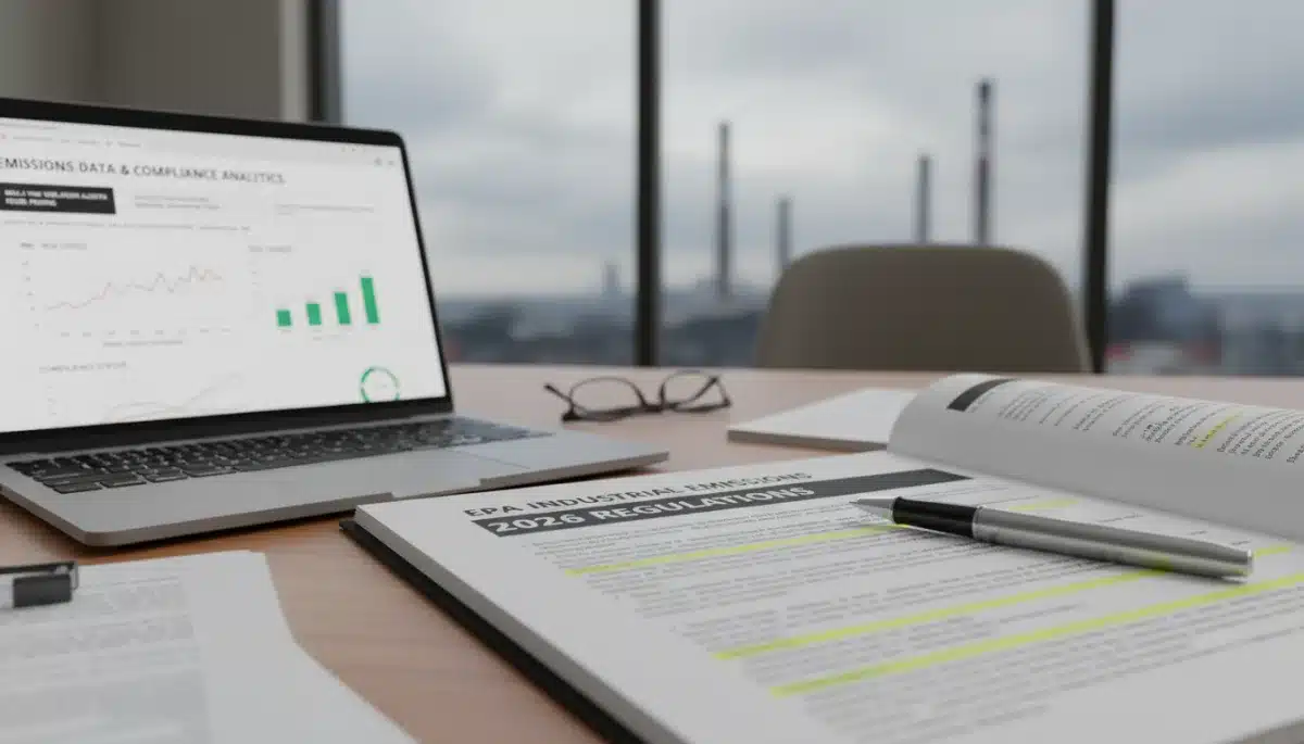 Regulatory documents and laptop on a desk, symbolizing compliance with EPA industrial emissions 2026.