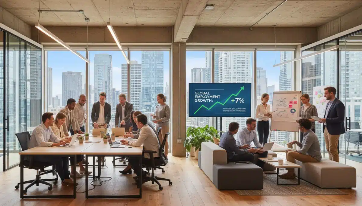Professionals collaborating in an office, representing a stable and evolving job market in 2026.