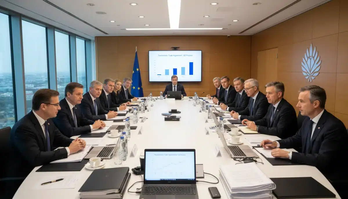 US and EU negotiators in a formal meeting discussing trade agreements.