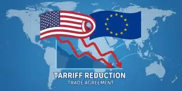 US and EU flags intertwined over economic charts, symbolizing trade deal and tariff reduction.