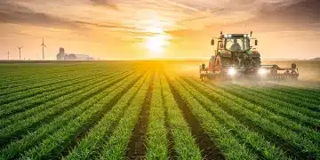 Sunrise over a vast agricultural field, a tractor cultivates the land under a colorful sky, representing modern farming and the future of agriculture.