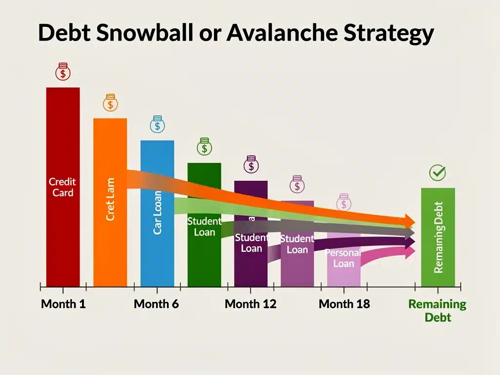 Debt reduction strategy visualization, snowball or avalanche method.