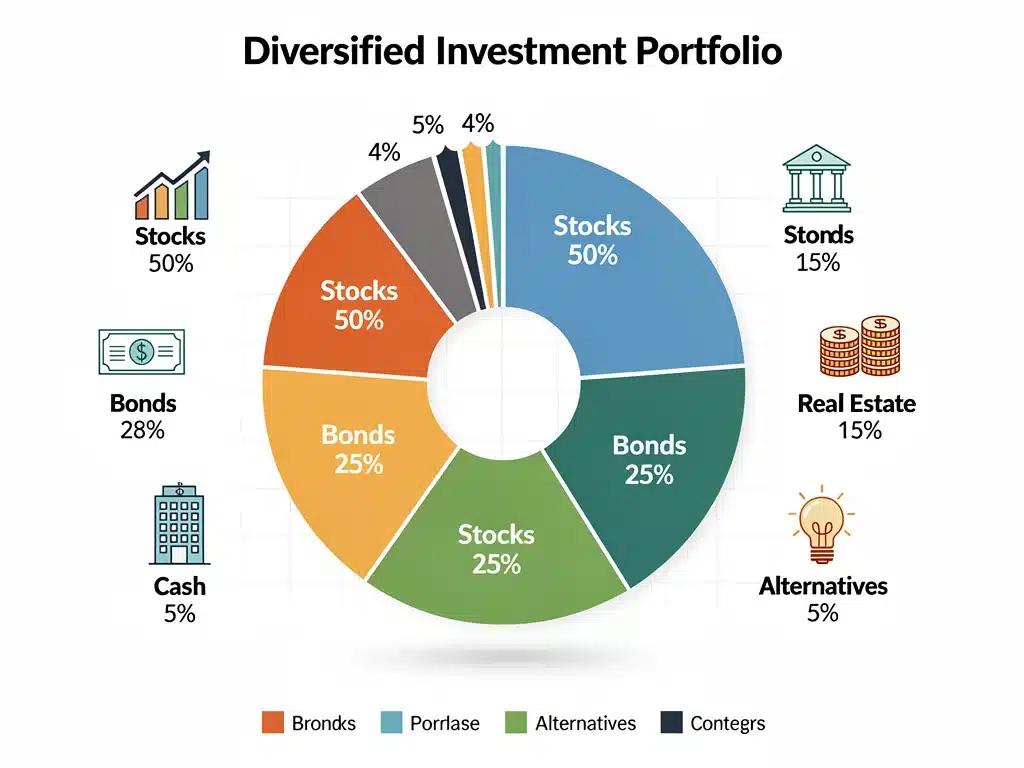 Infographic showing a diversified investment portfolio breakdown with various asset classes