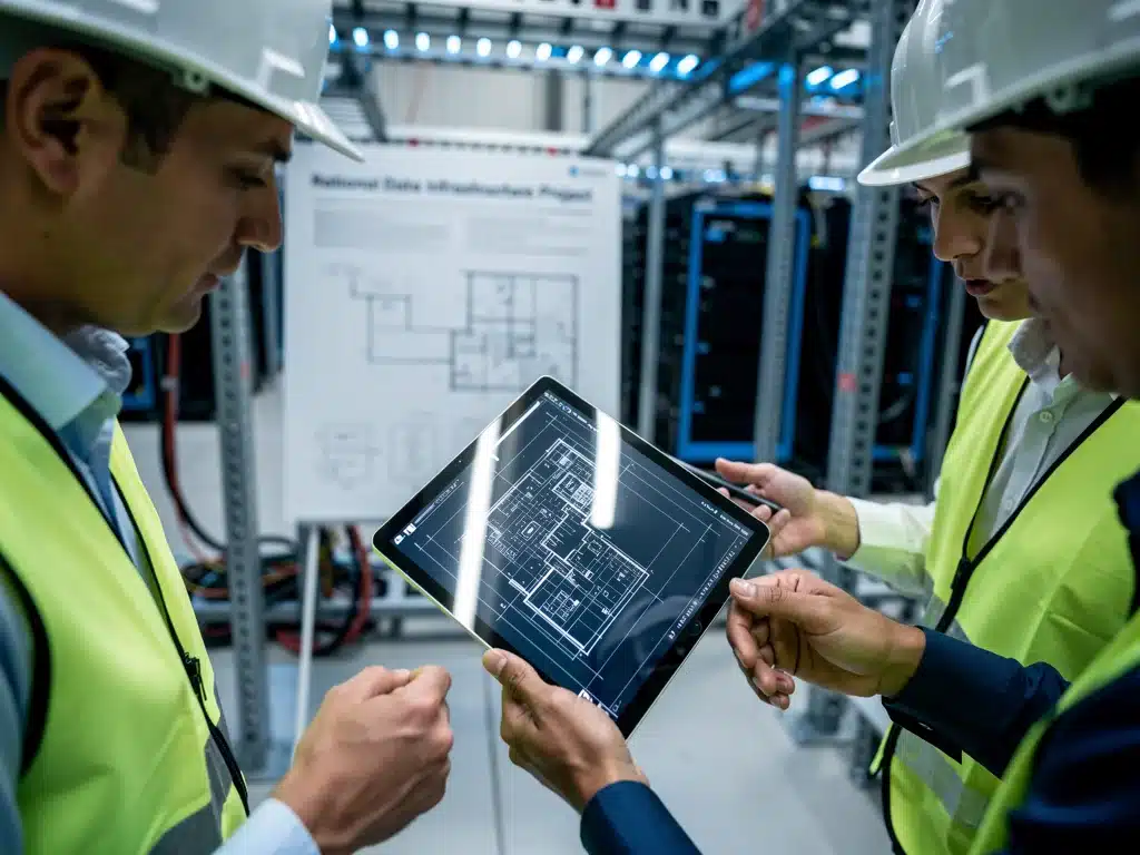 Engineers reviewing digital blueprints at a data center construction site.