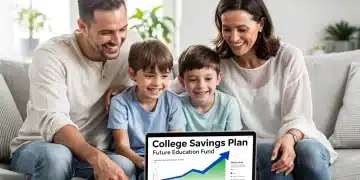 Family reviewing college savings plan on laptop, symbolizing financial planning for education.