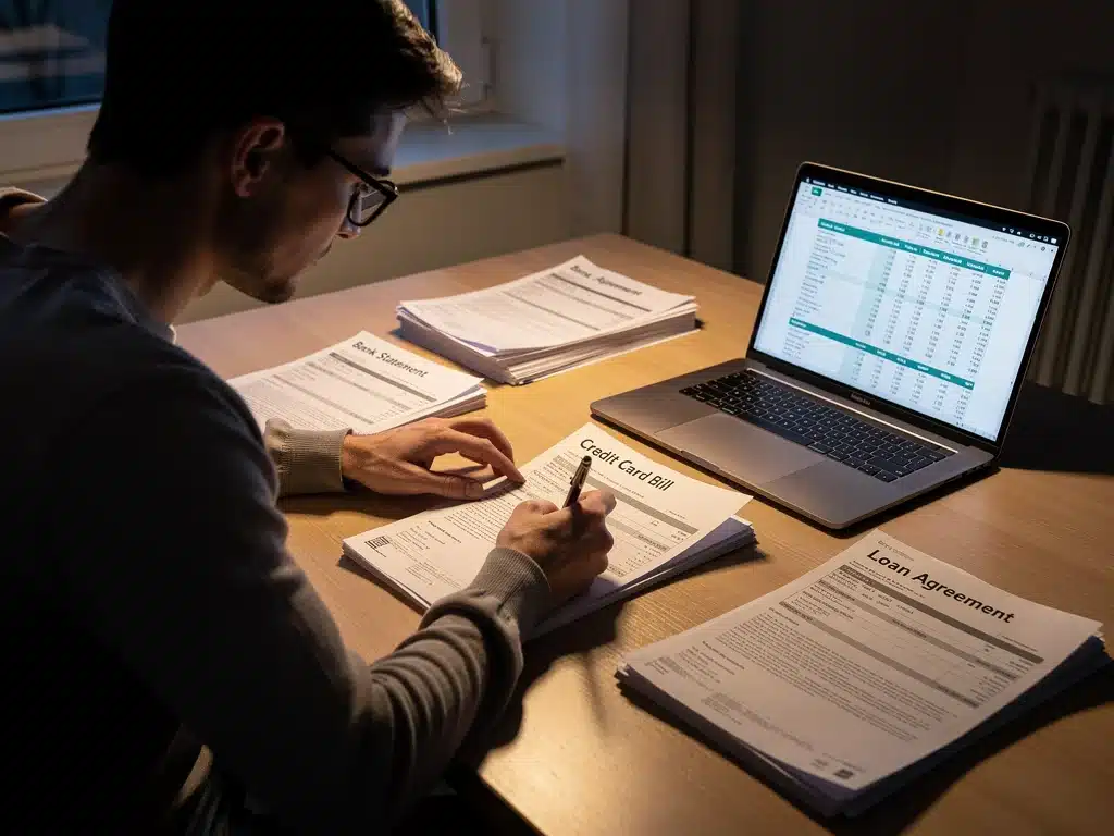 Person organizing financial documents for debt analysis.