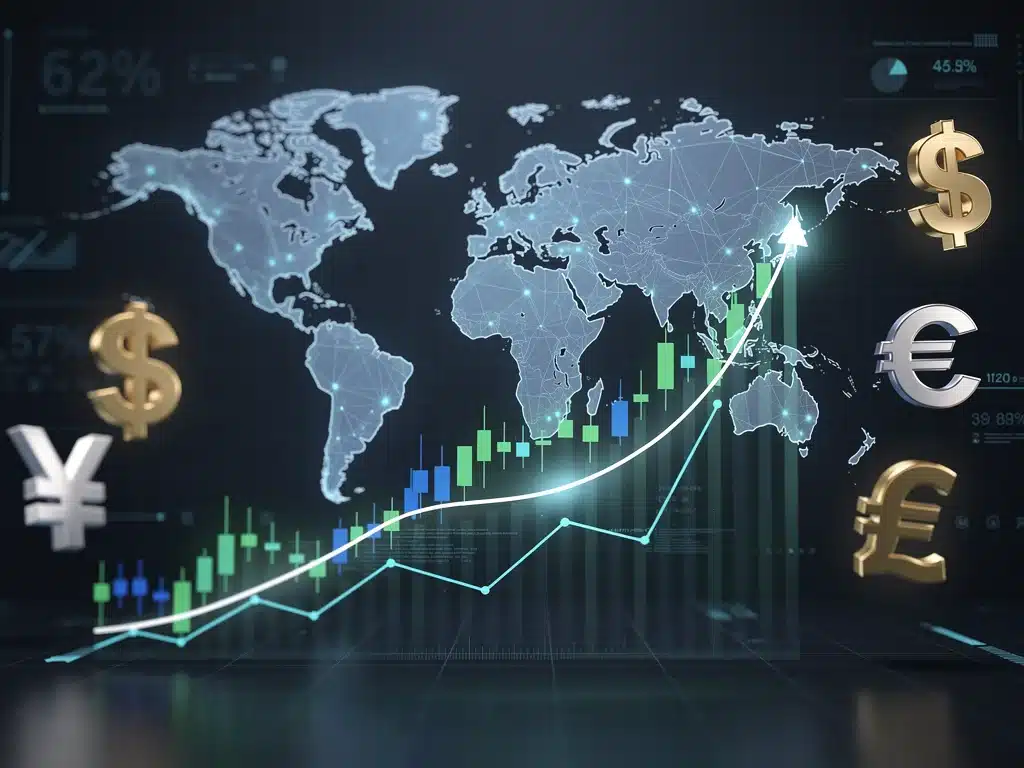 Global market trend analysis with upward charts and currency symbols for strategic investment decisions