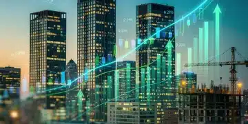 Modern city skyline with financial graphs symbolizing REITs 2026 trends and investment growth.